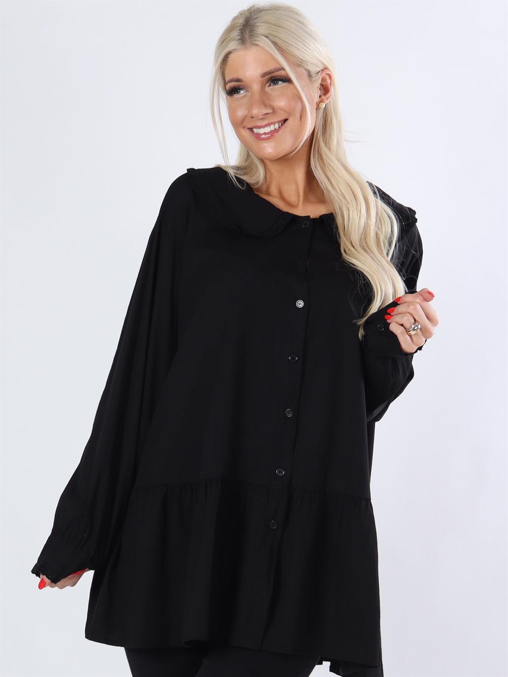 Rimm - Armygrøn skjorte med krave med lille flæsekant af broderie anglaise