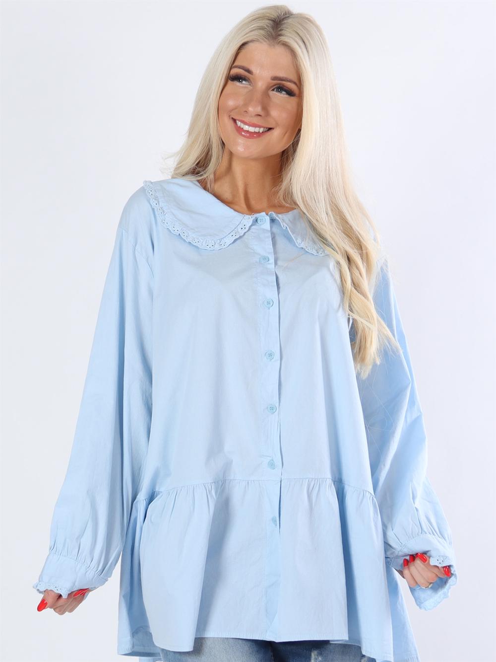 Rimm - Armygrøn skjorte med krave med lille flæsekant af broderie anglaise