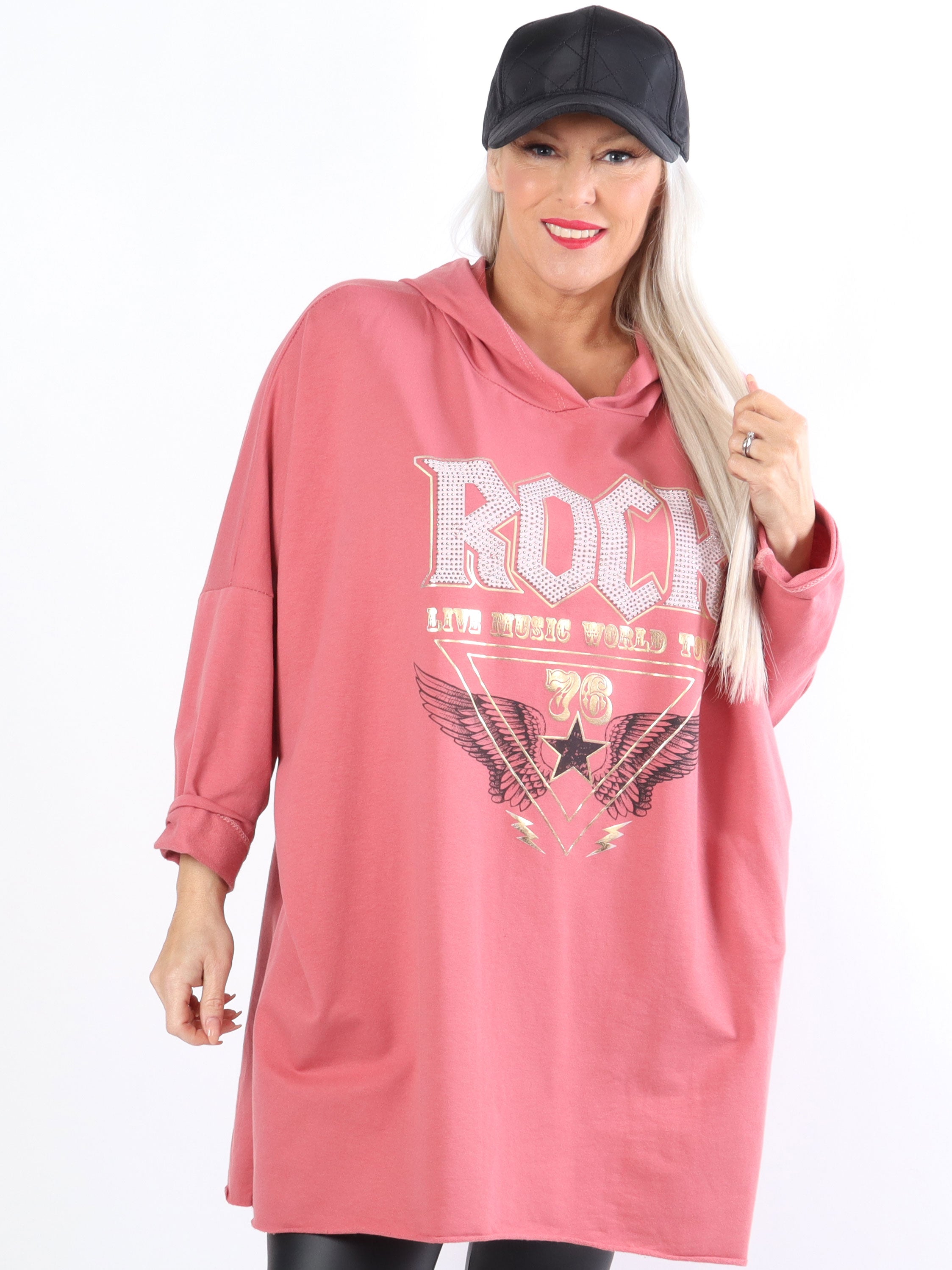 Rock - Cool plus size kjole med hætte og tekst