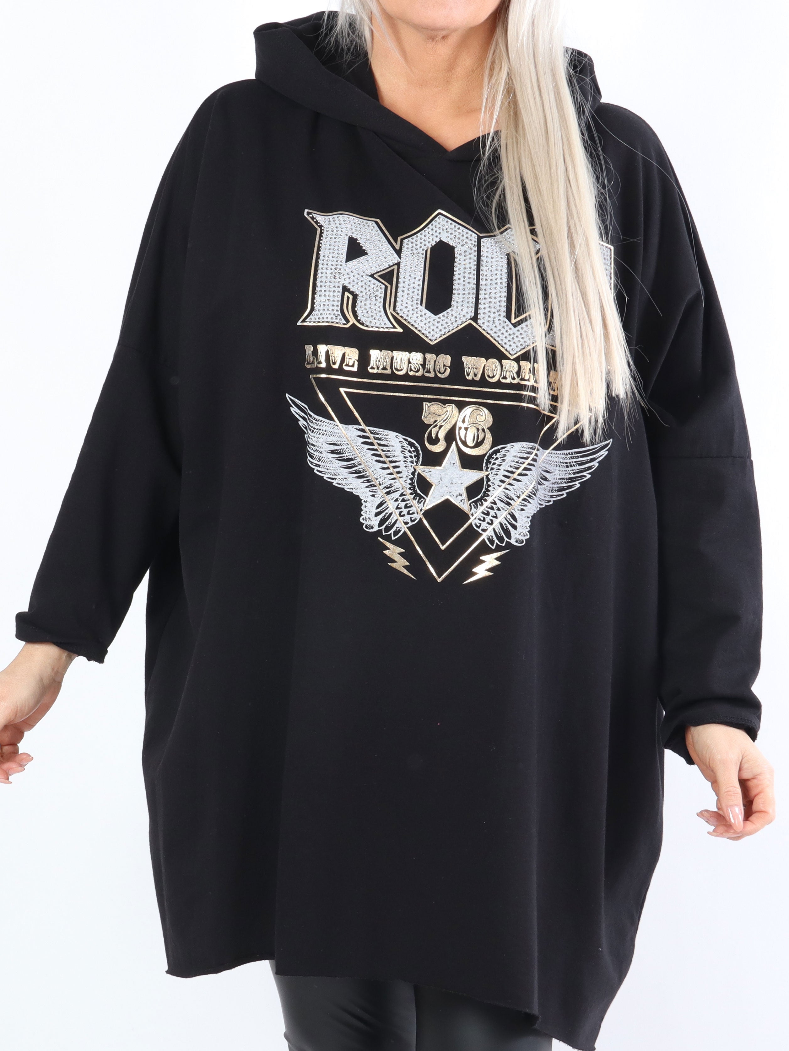 Rock - Cool plus size kjole med hætte og tekst