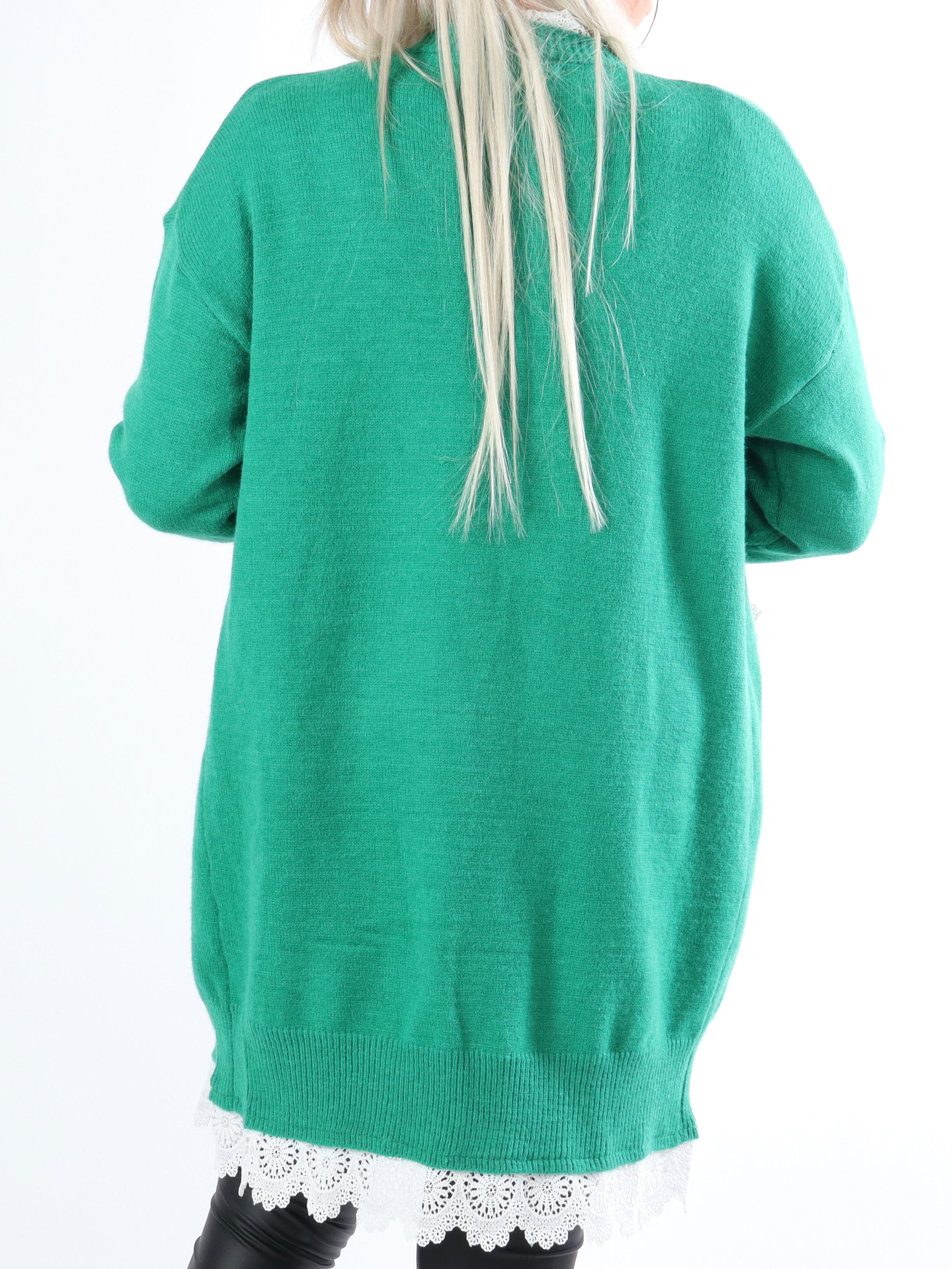 Rosie - Feminin plus size strikcardigan med hvid blondekant