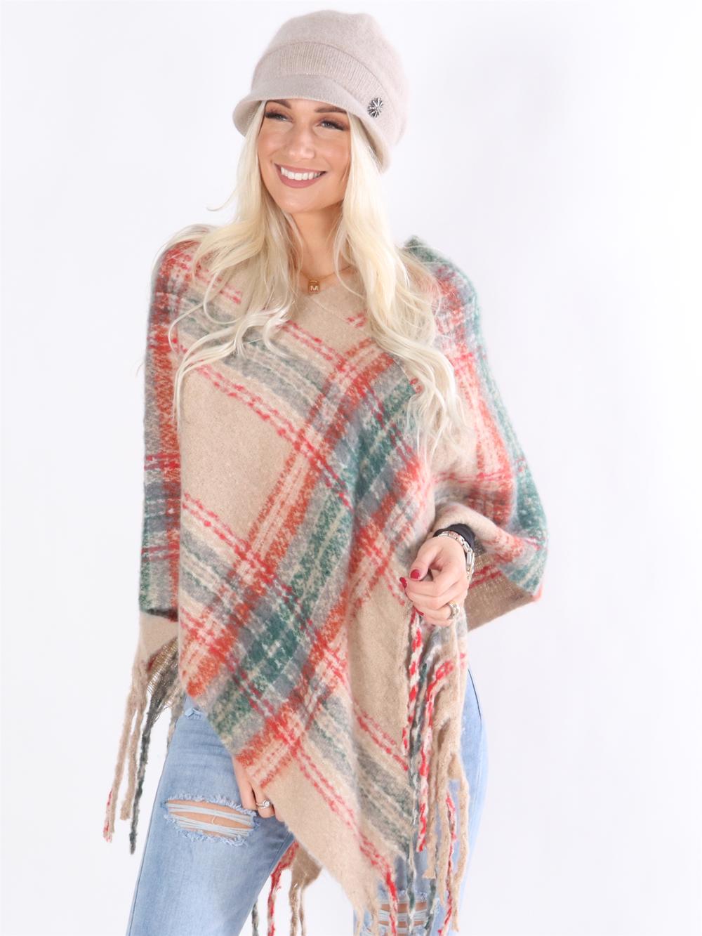 Rosalie - Blød beigefarvet ternet poncho