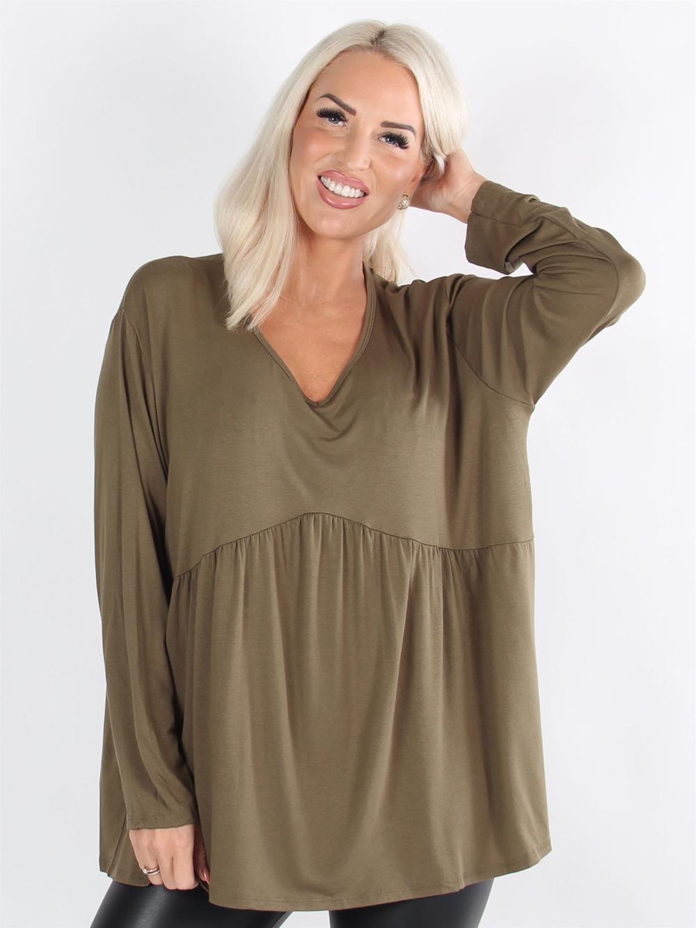 Sarah - Armygrøn langærmet peplum bluse i jerseystof