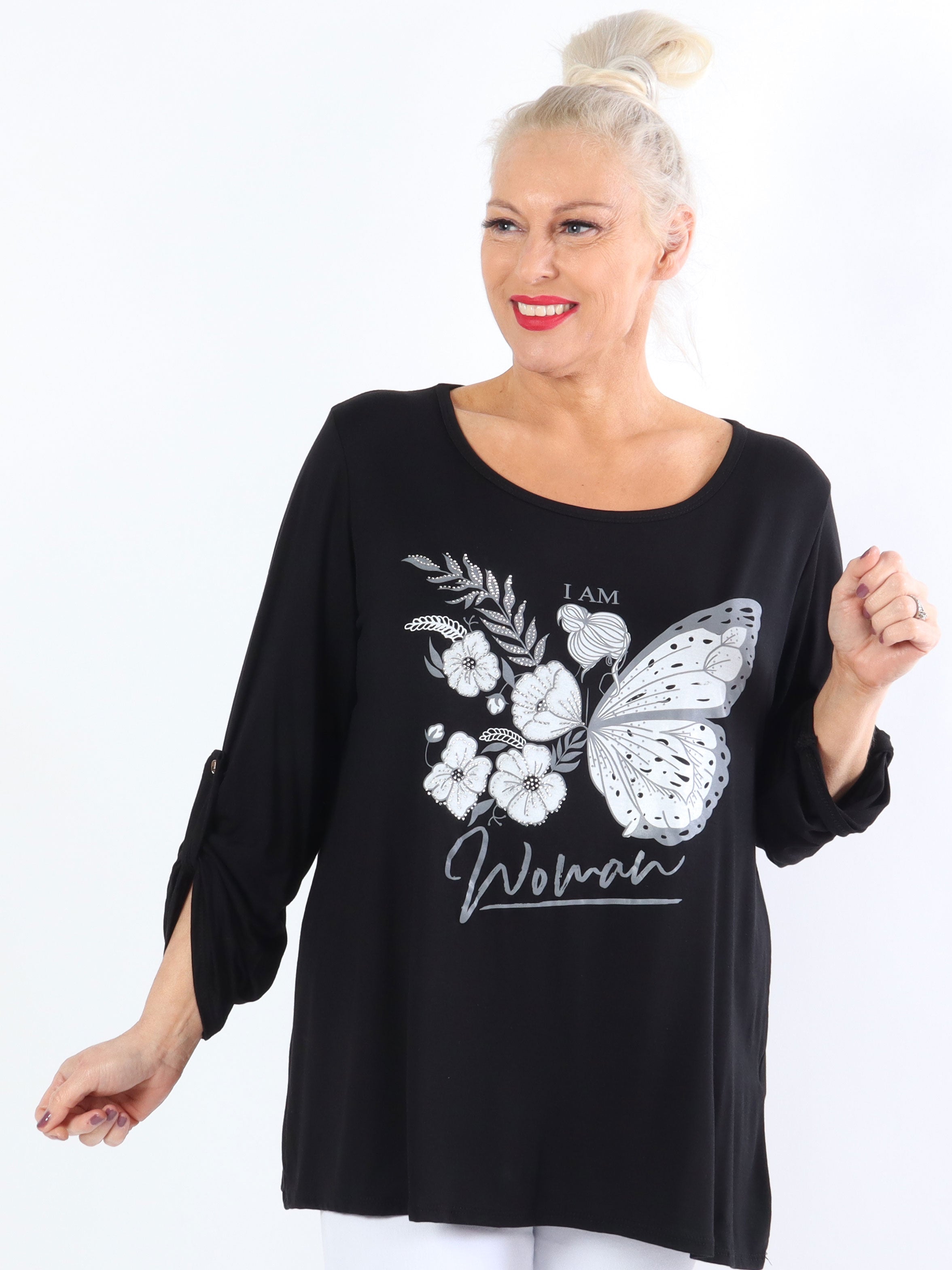 Sisse - Blød elastisk plus size bluse med motiv og similisten