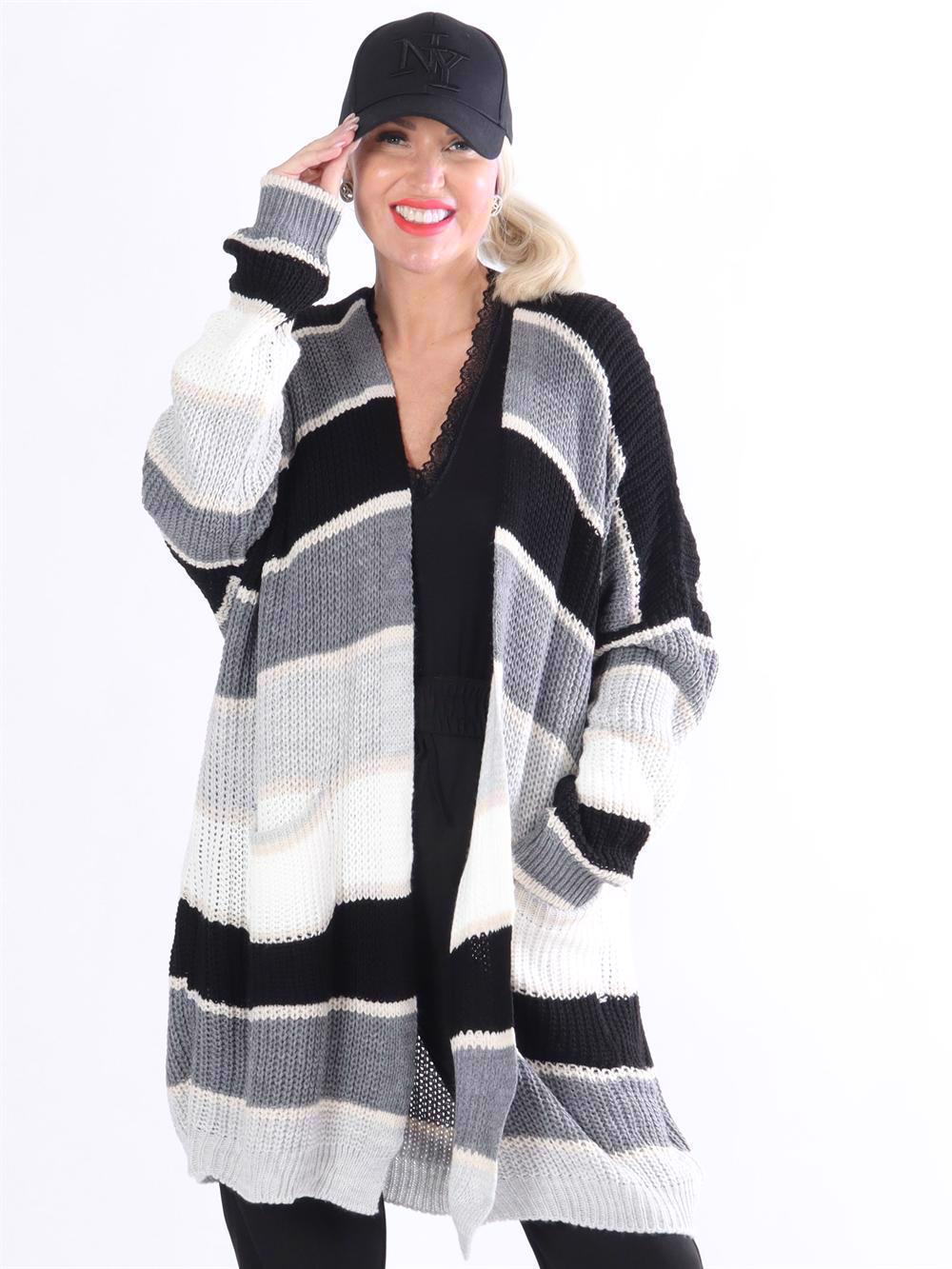 Siv - Sort og grå stribet strikcardigan