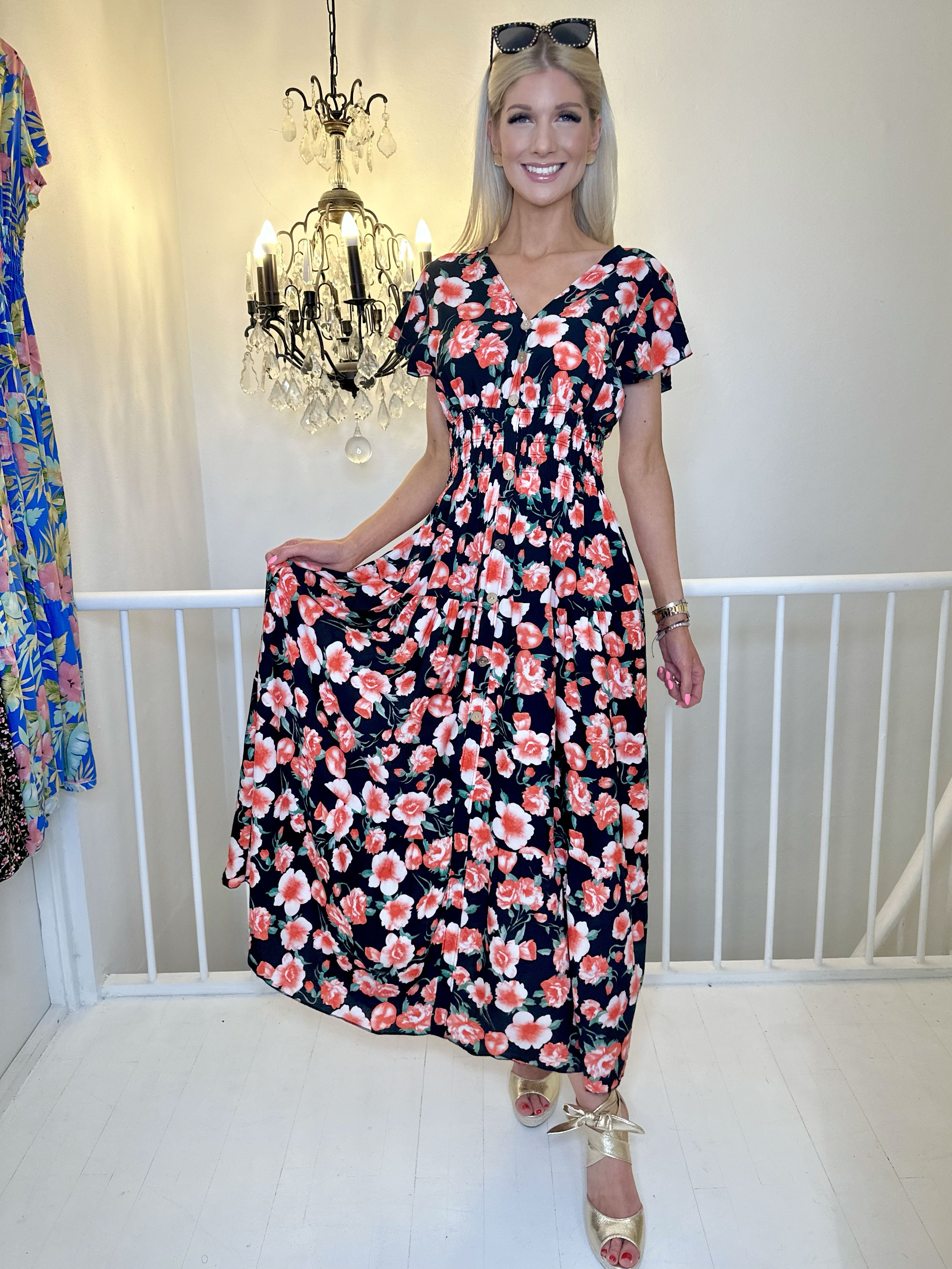 Summer Big Flower - Lang kjole med blomsterprint og flæser