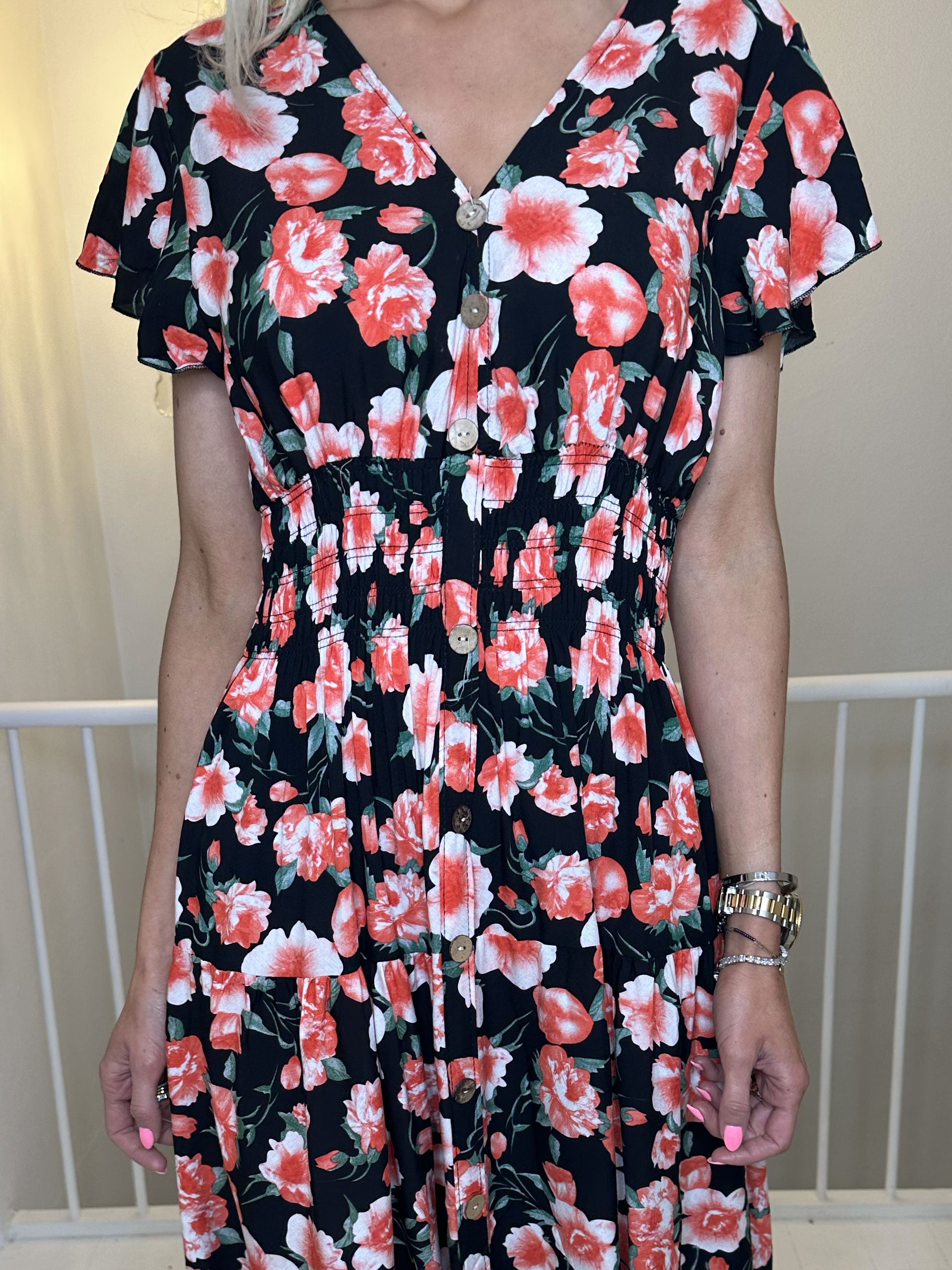 Summer Big Flower - Lang kjole med blomsterprint og flæser