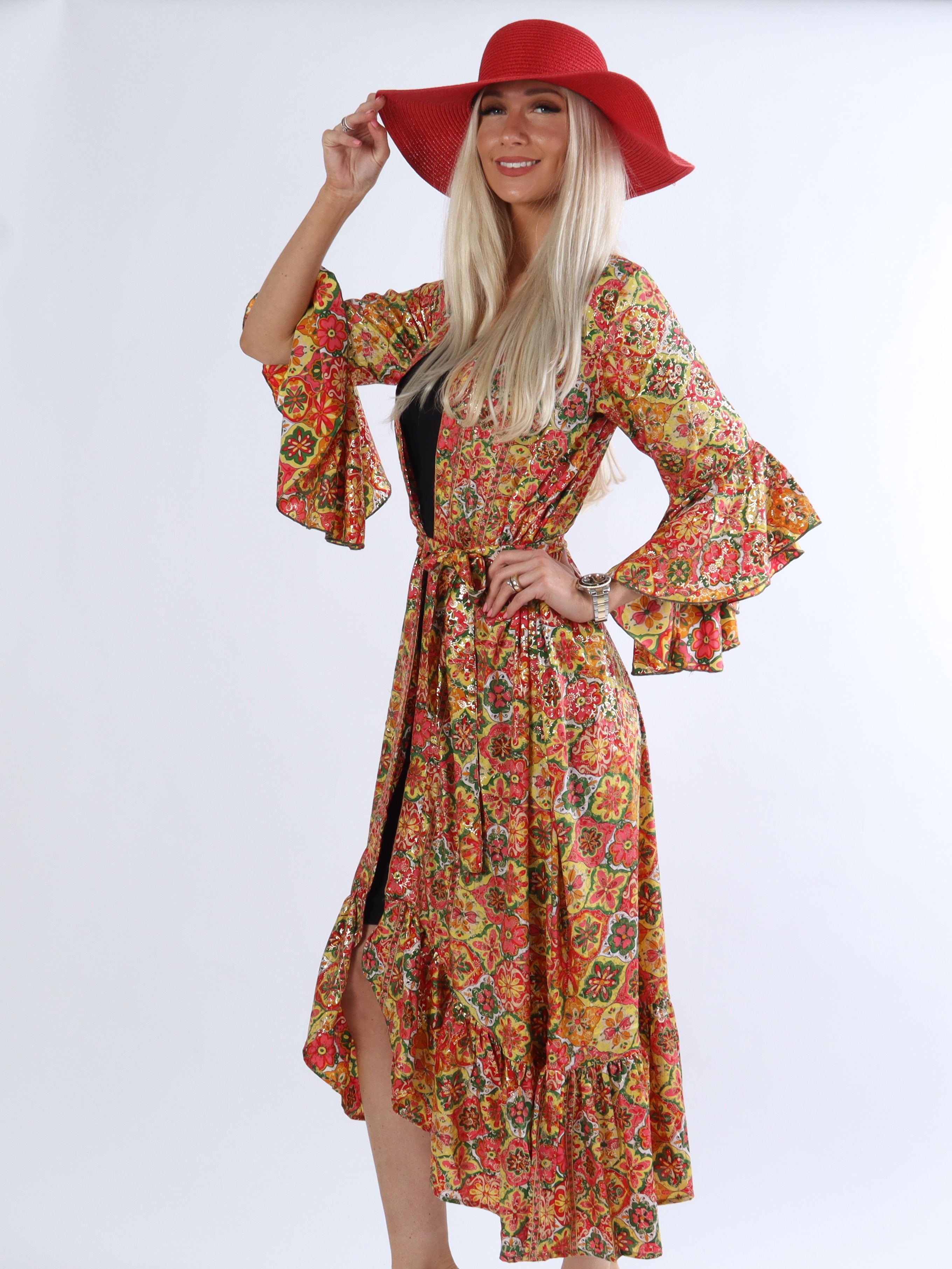 Tamina - Mønstret kimono med guld detaljer