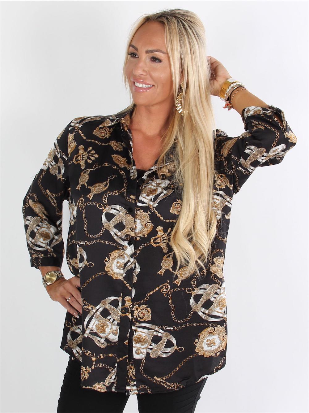 Tellia - Sort skjorte med kæder i guld nuancer