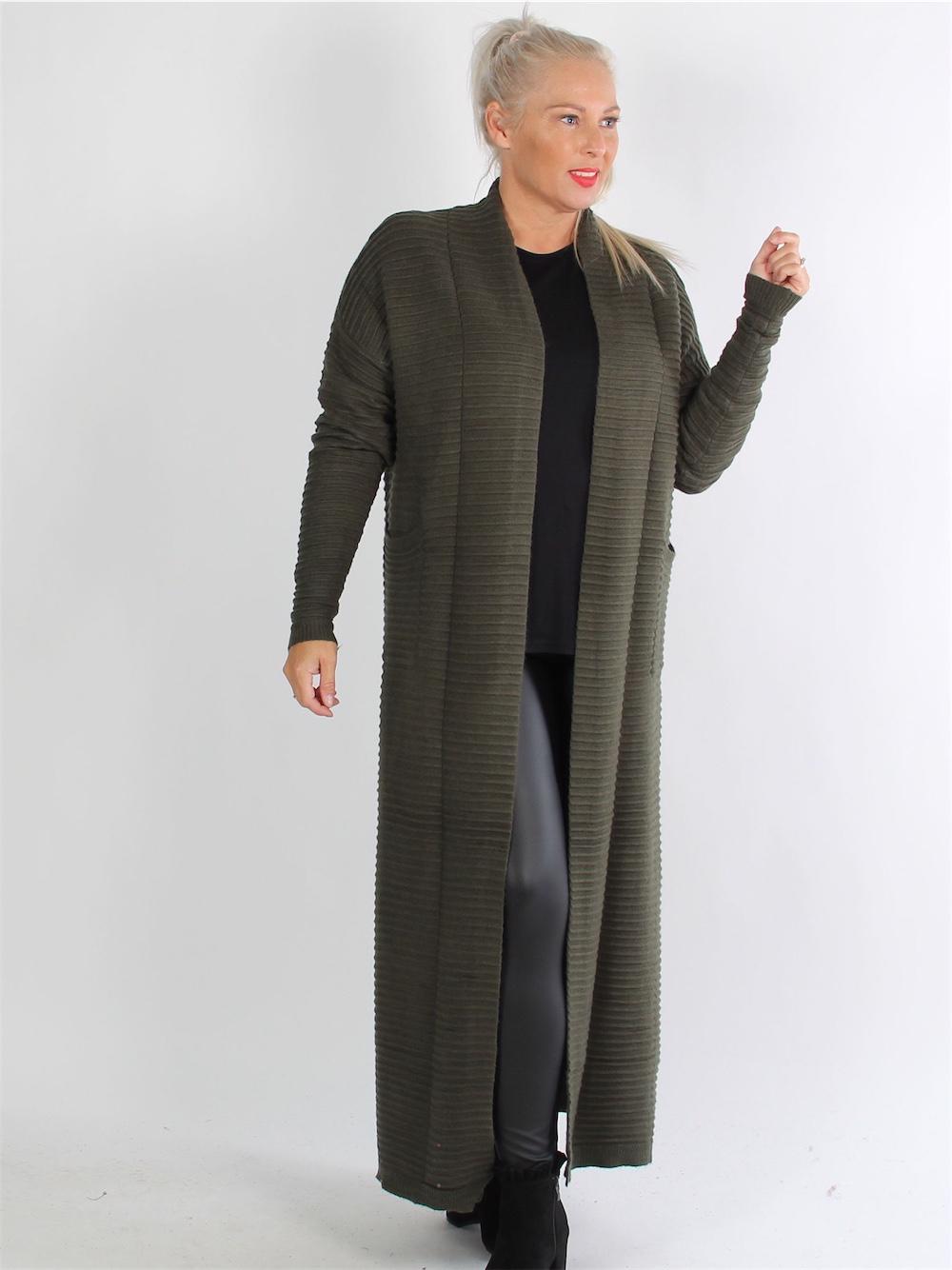 Torino - Armygrøn lang cardigan i blødt stof med rib