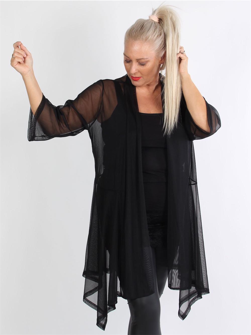 Venedig - Sort semi-transparent kimono i mesh stof