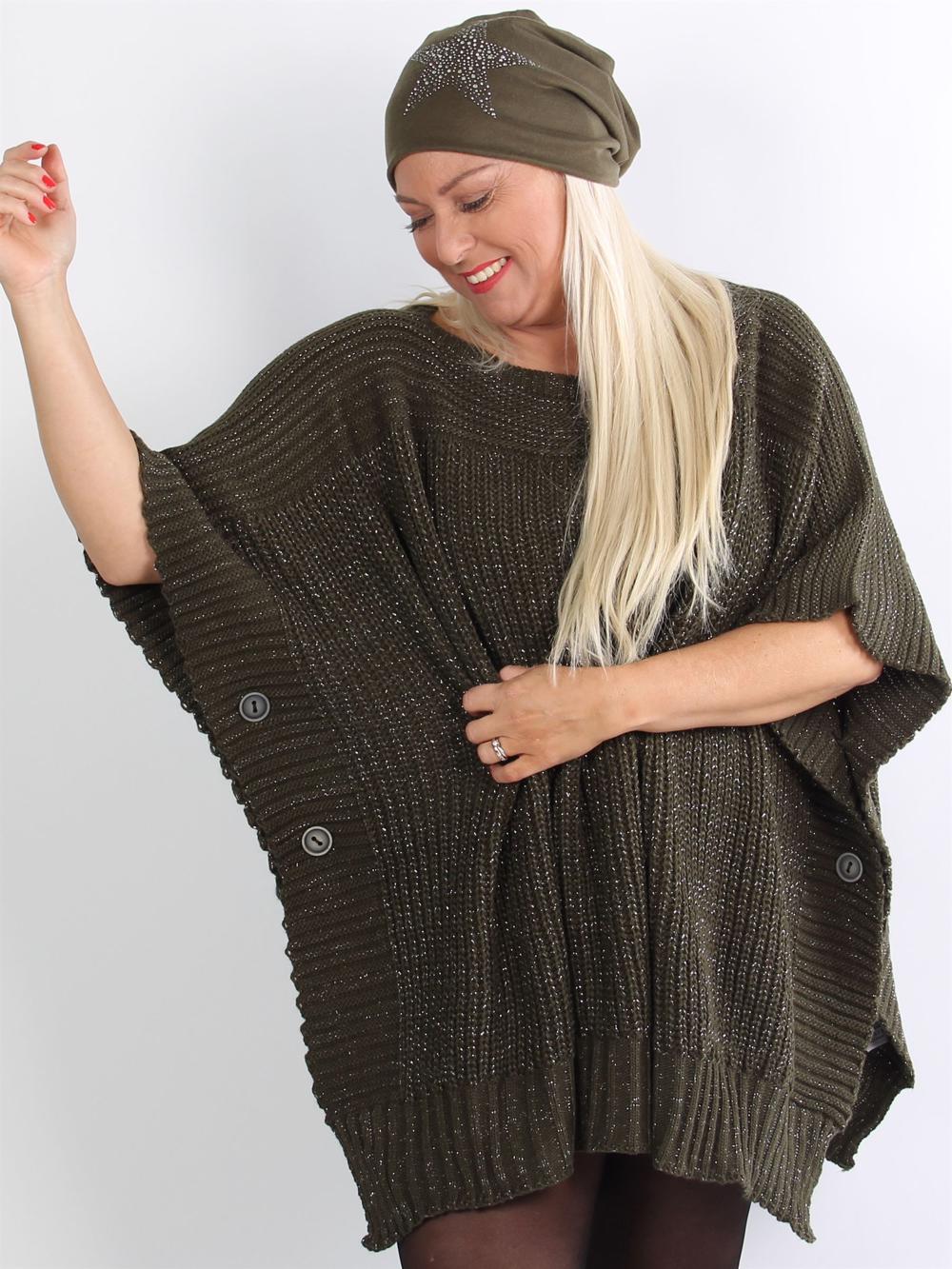 Vigo - Armygrøn strik poncho med glimmer tråde og knapper