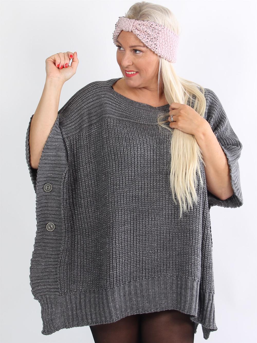 Vigo - Armygrøn strik poncho med glimmer tråde og knapper