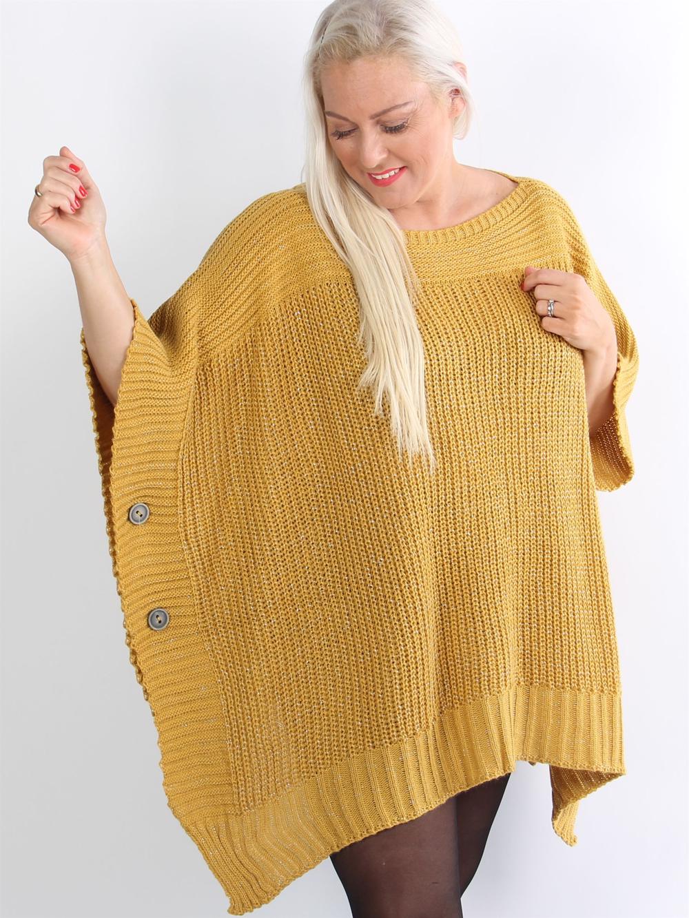 Vigo - Armygrøn strik poncho med glimmer tråde og knapper