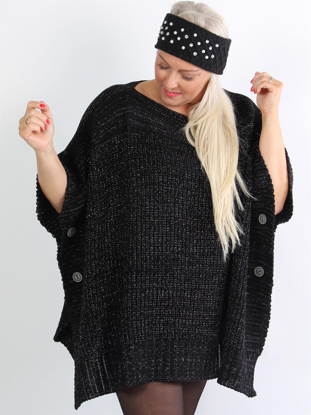 Vigo - Armygrøn strik poncho med glimmer tråde og knapper