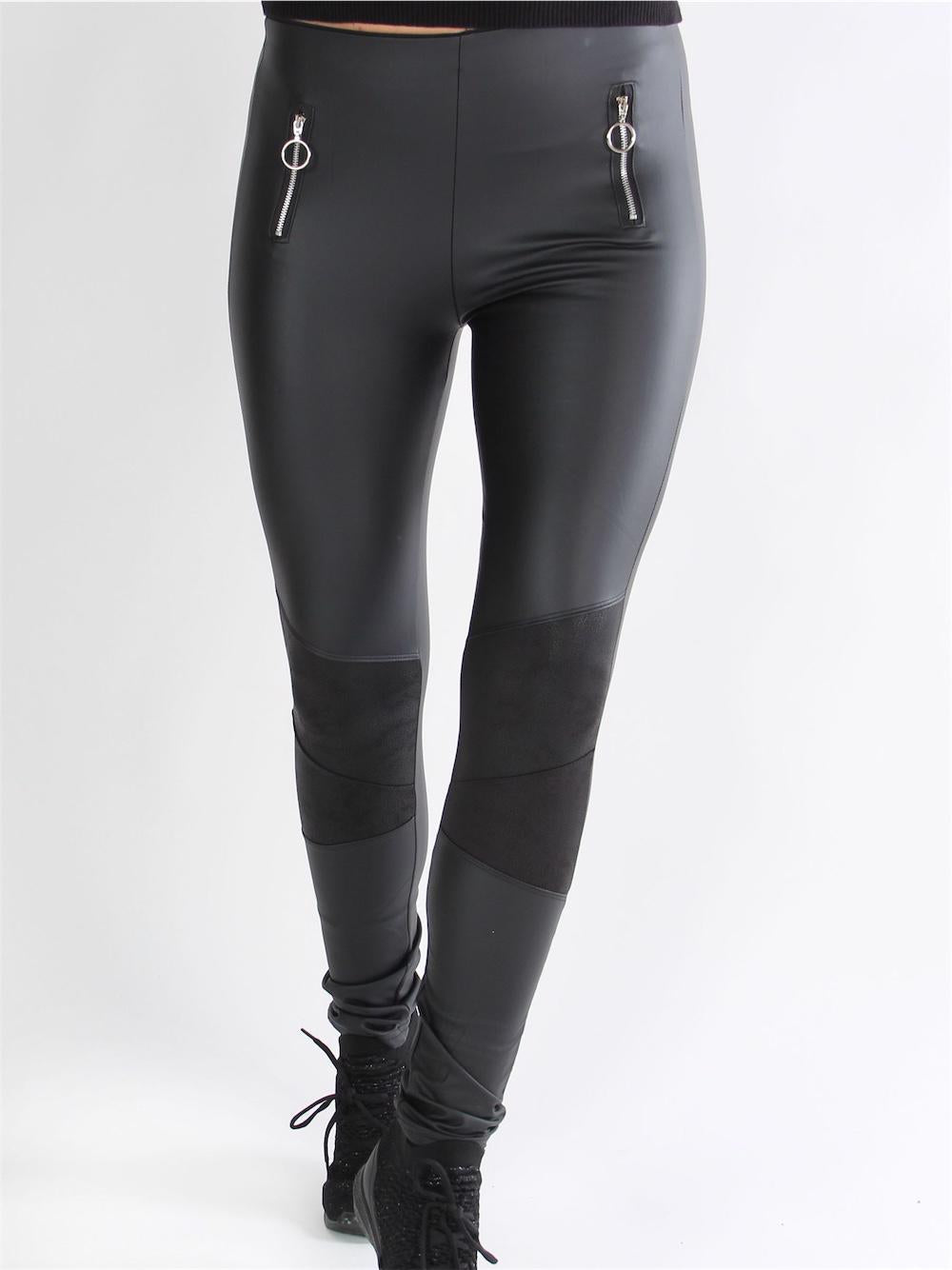 Wania - Sorte læderlook leggings med lynlås detaljer
