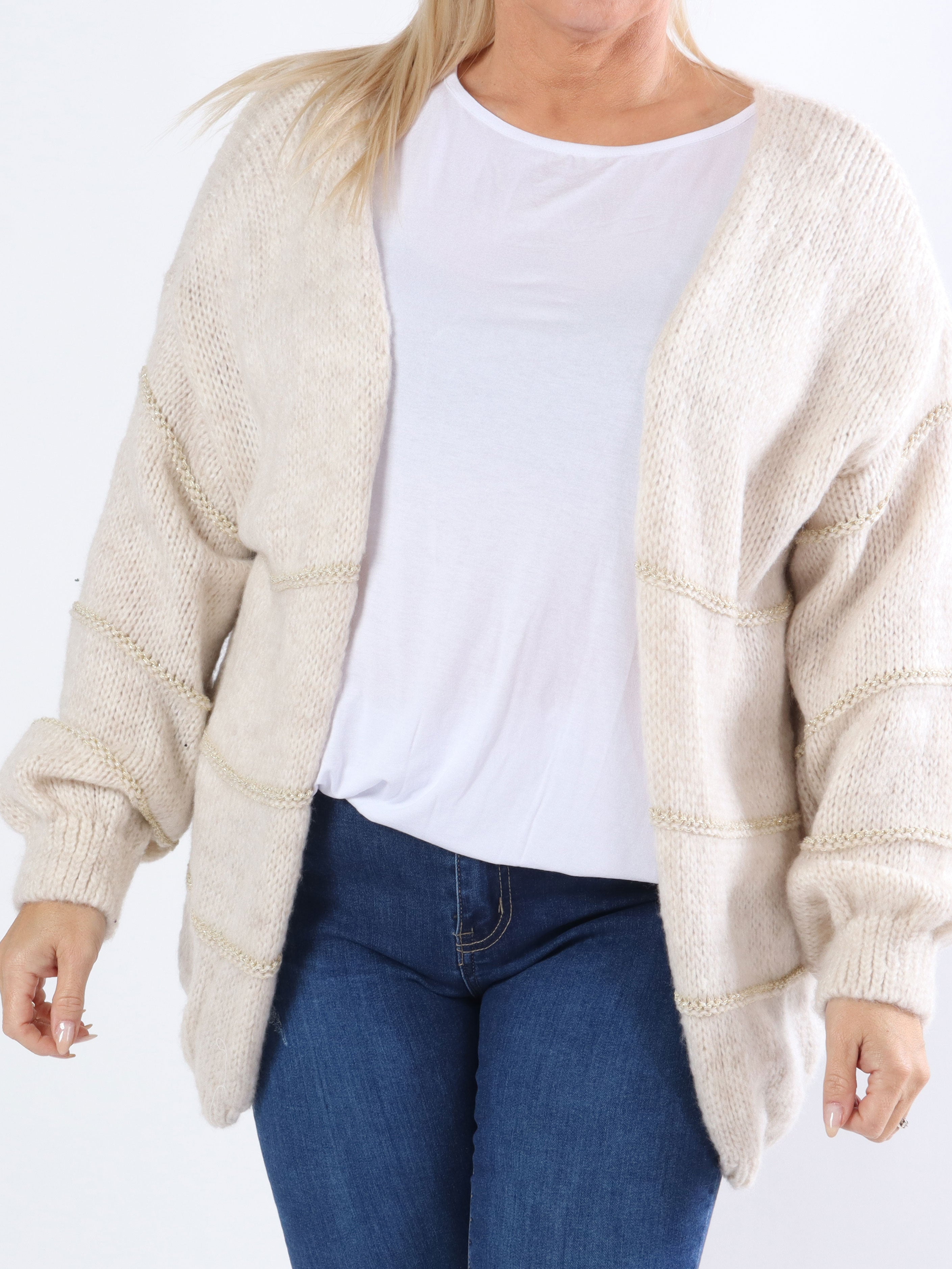Yanira - Strikket plus size cardigan med guldstriber