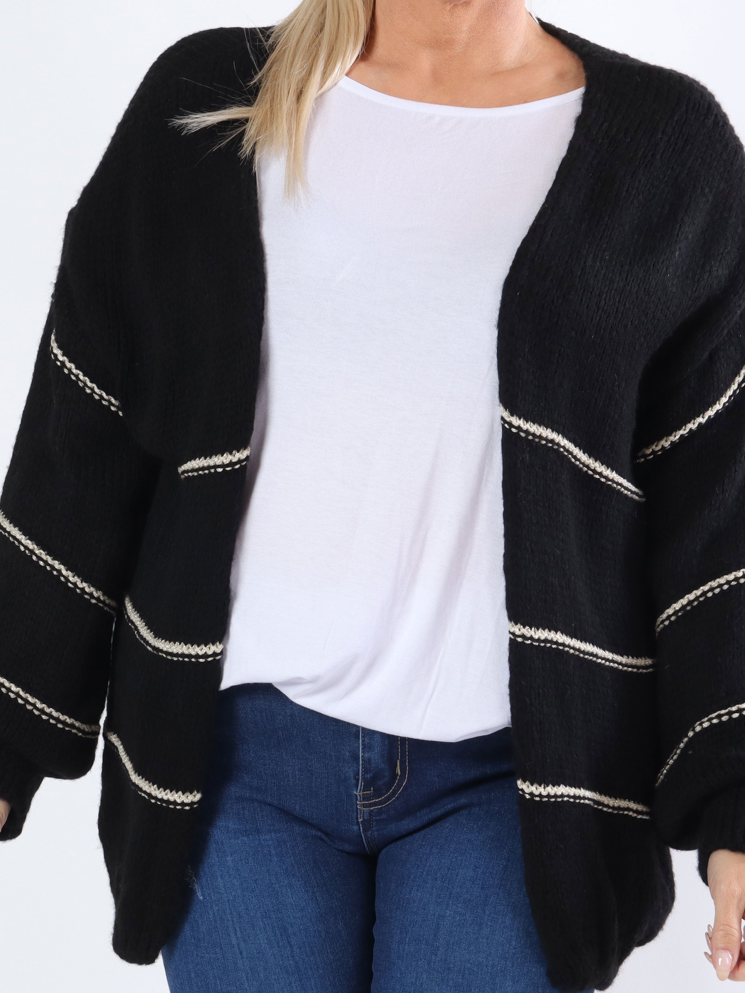 Yanira - Strikket plus size cardigan med guldstriber