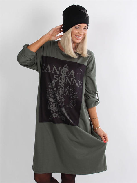 Zanca - Armygrøn joggingkjole med fint motiv og Sonne skre