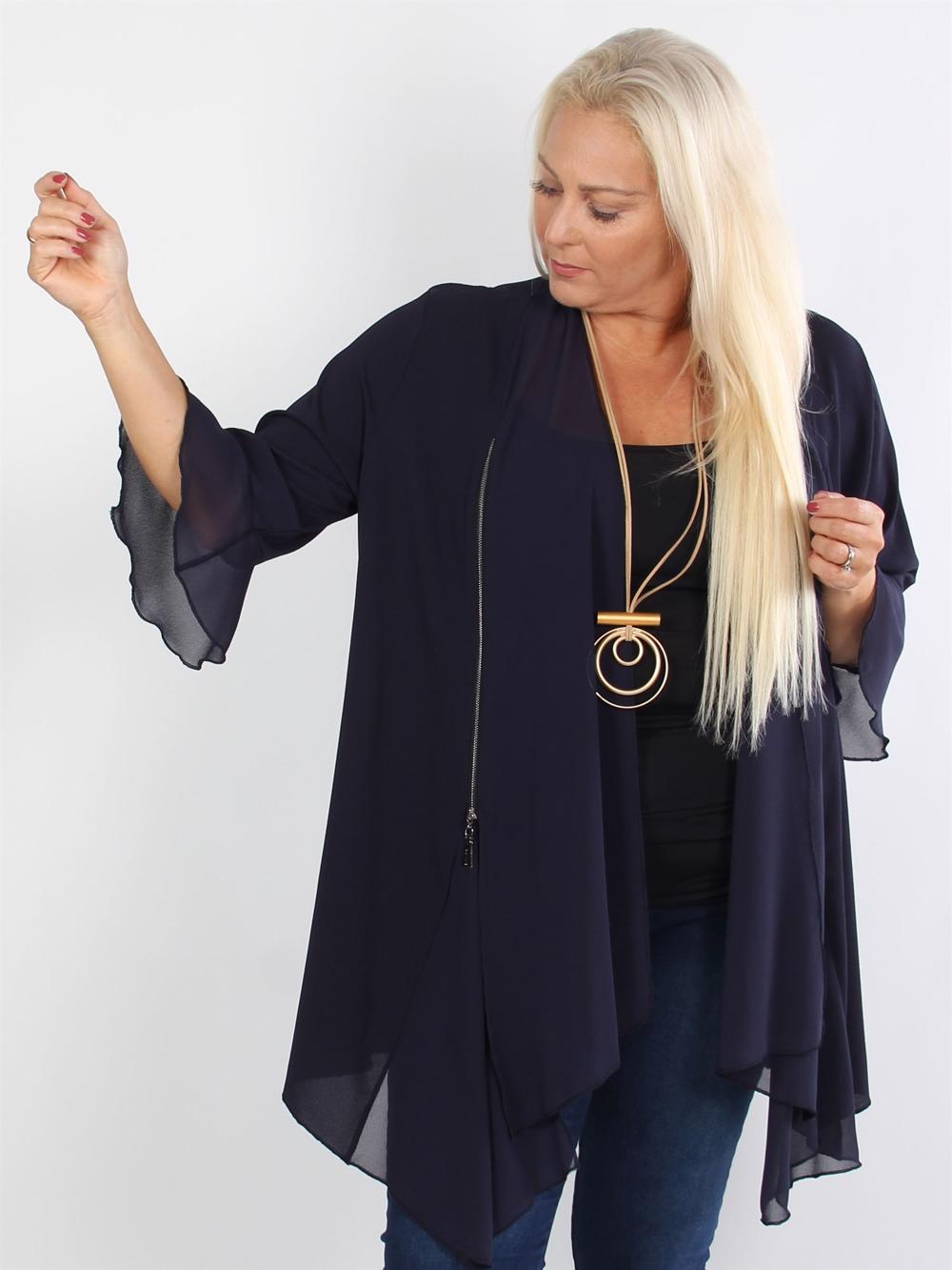 Ziya - Sort chiffon cardigan med sølv lynlåse
