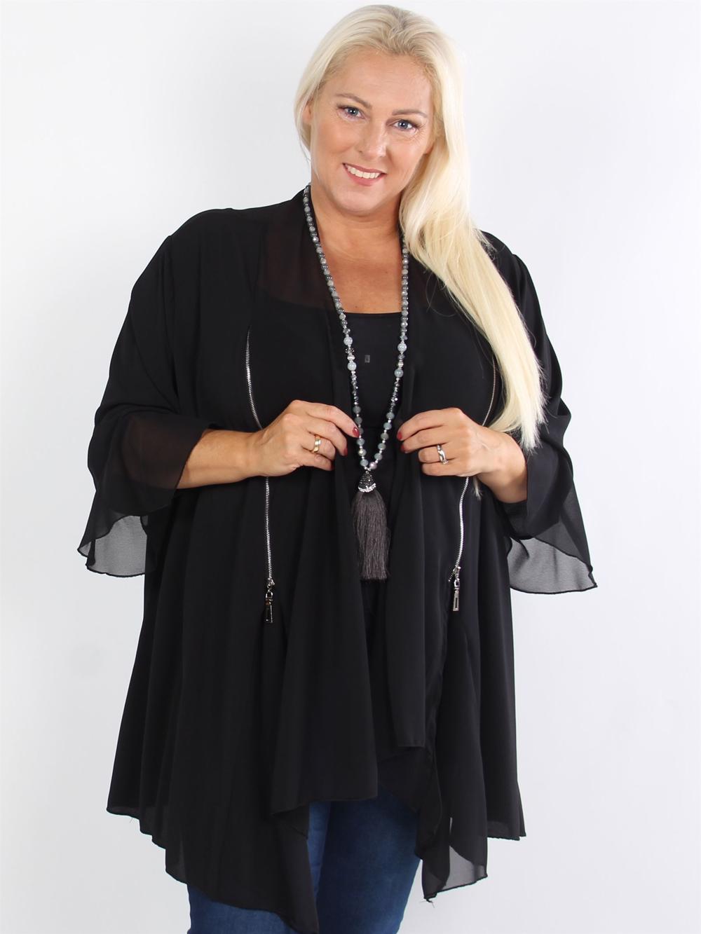 Ziya - Sort chiffon cardigan med sølv lynlåse