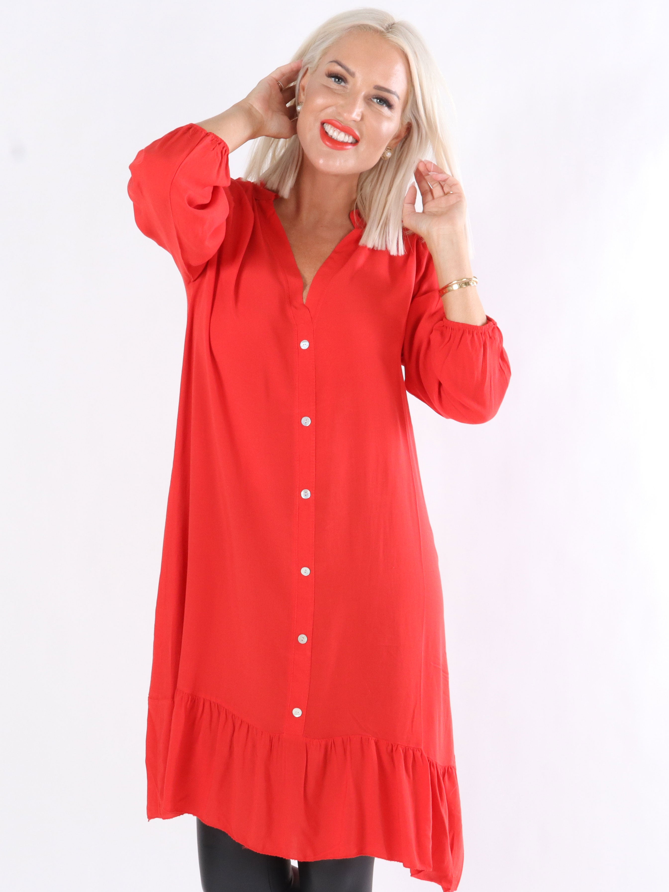 Zoe - Armygrøn skjortekjole i let stof med flæsekant