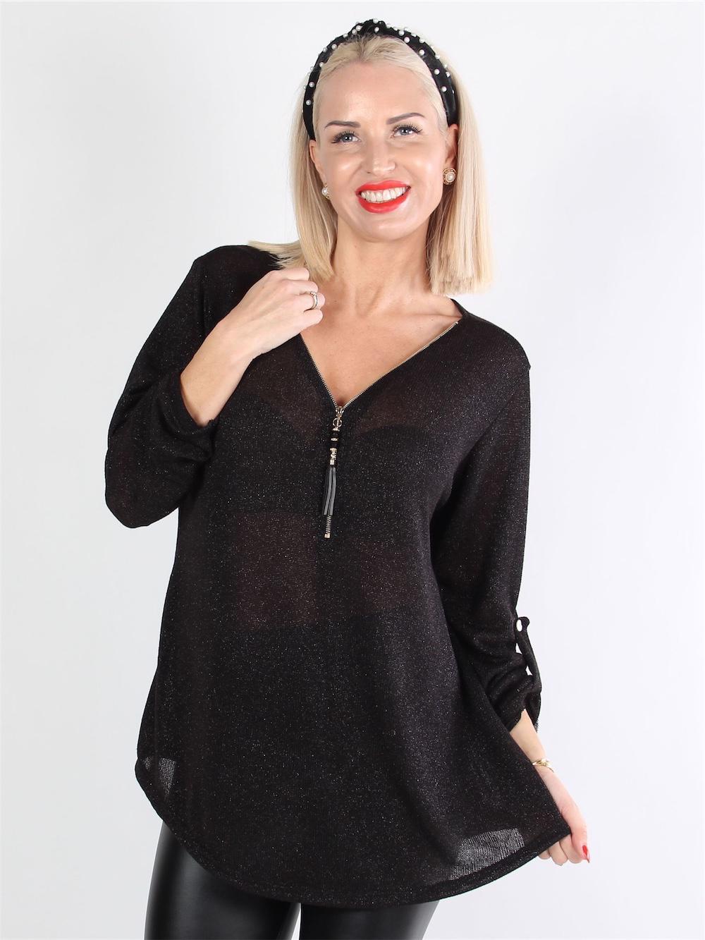 Zuleyka - Sort bluse med guld lynlås og glimmertråde