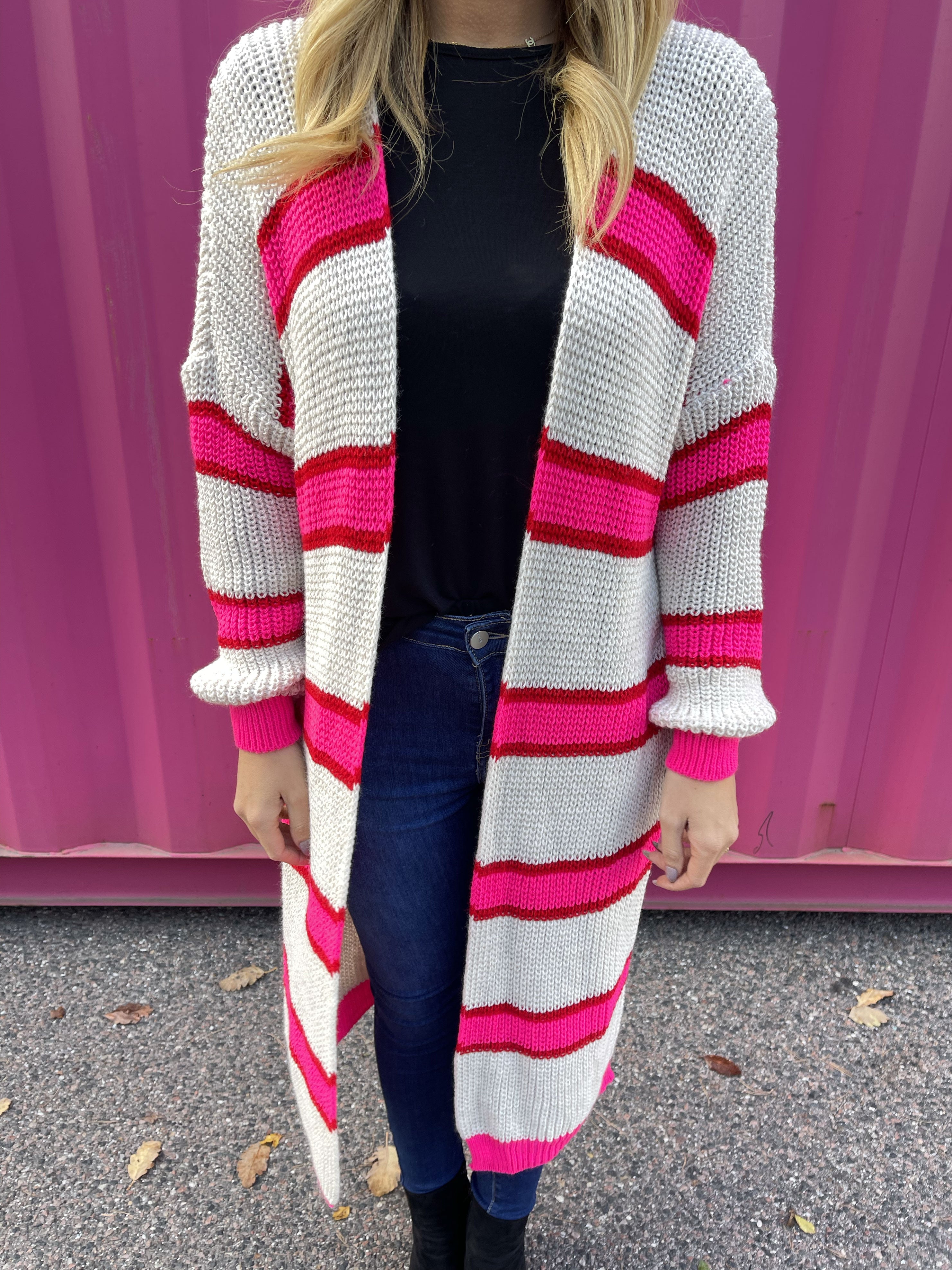 Belle - Lang plus size strikcardigan med farvede striber