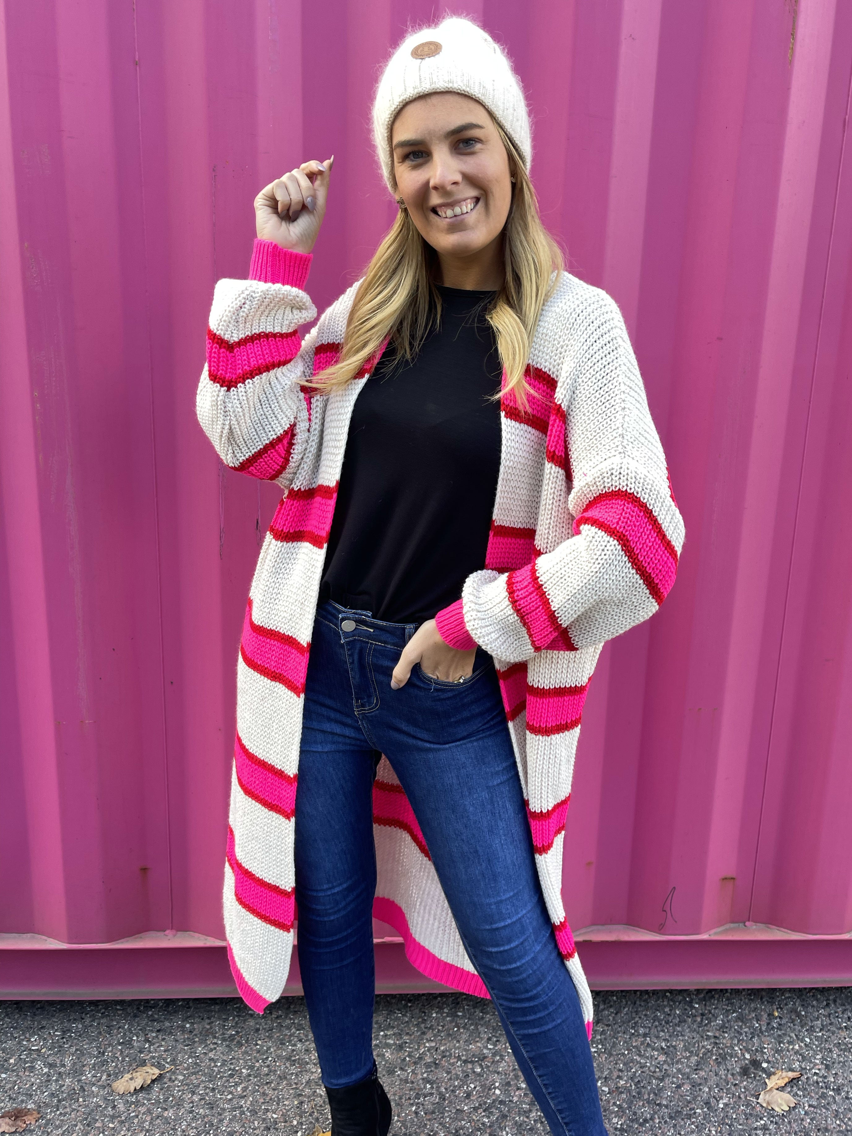 Belle - Lang strikcardigan med farvede striber