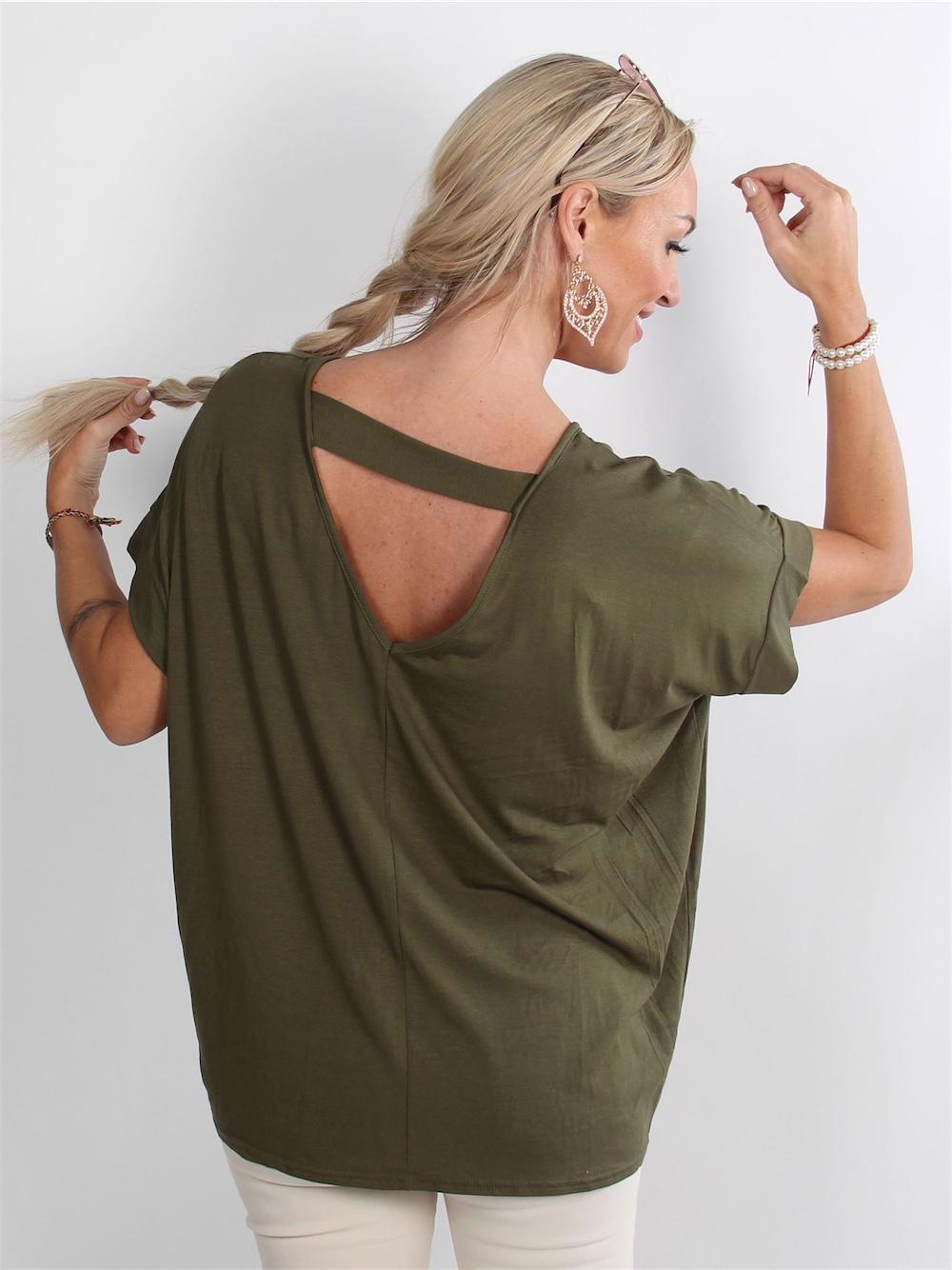 Elodie - Armygrøn t-shirt med lille V i ryggen