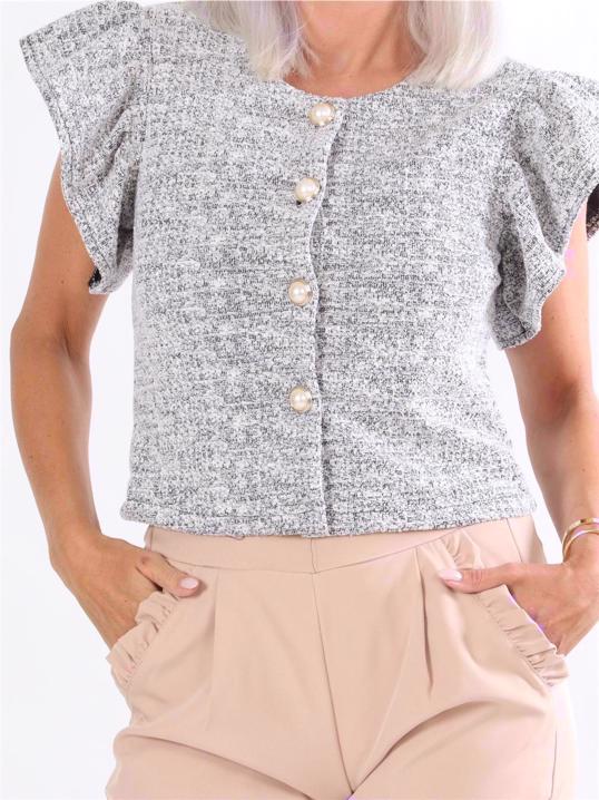 Molly meleret - Fin cardigan i meleret stof med perleknapper