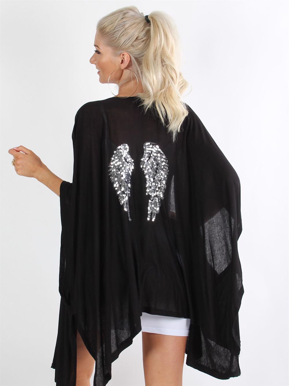 Subira - Sort cardigan med englevinger i pailletter på ryggen