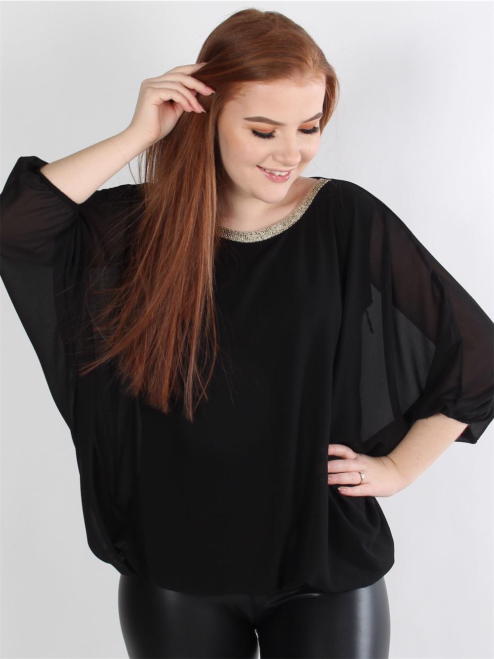 Ursula - Lyserød chiffon bluse med guldtråde i halsen